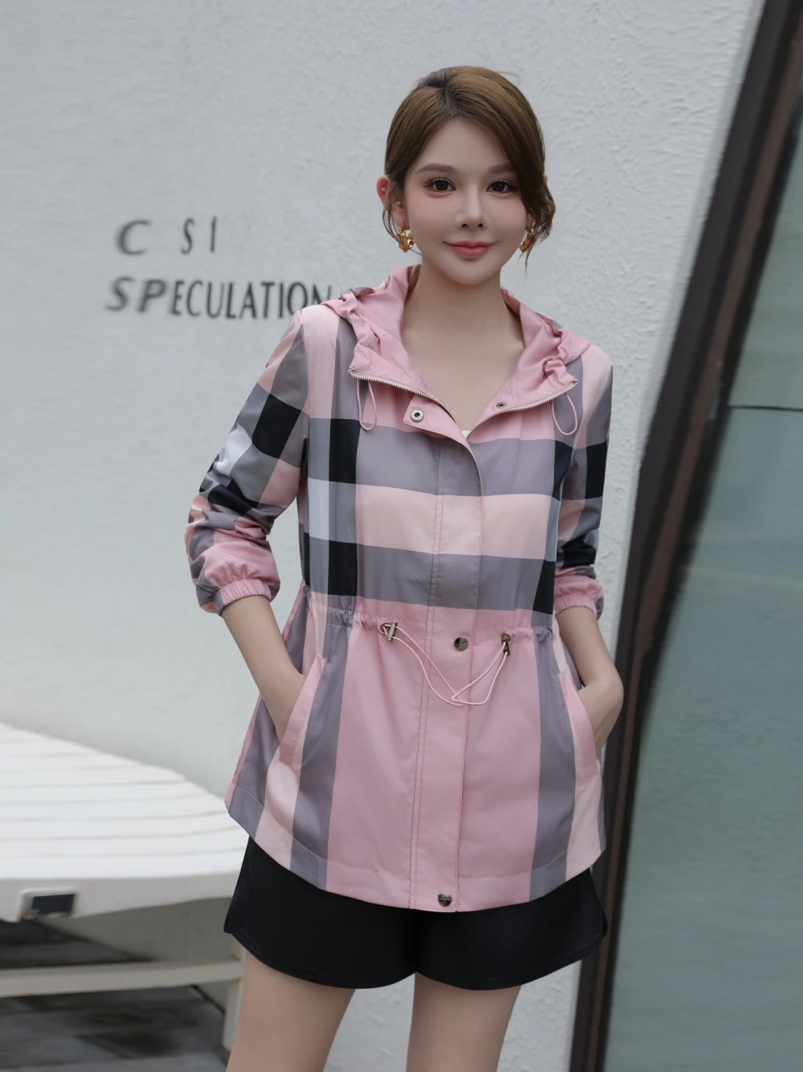 ربيع الخريف سيدة مخطط معطف مقنع غير رسمي متوسط طول Faionable Briti Sle ألياف البوليستر رقيقة طويلة Sve سستة