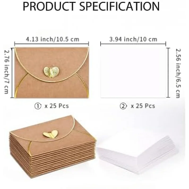 25/50 Sets Mini Envelopes With Gold Heart-Shaped Buckles Blank Cards For Weddings, Holidays, Birthdays, Thank-You Graduation