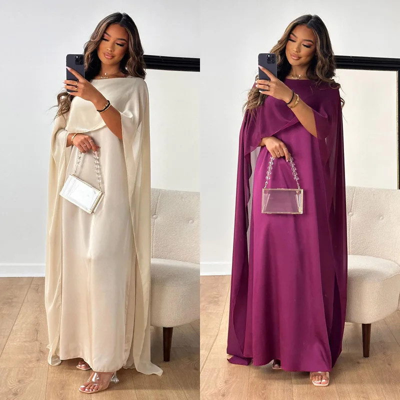 New Elegant Women Big Hem Long Dress Casual O Neck Solid Color Chiffon Loose Dress Muslim Ladies Shawl Sleeve Evening Dress Robe