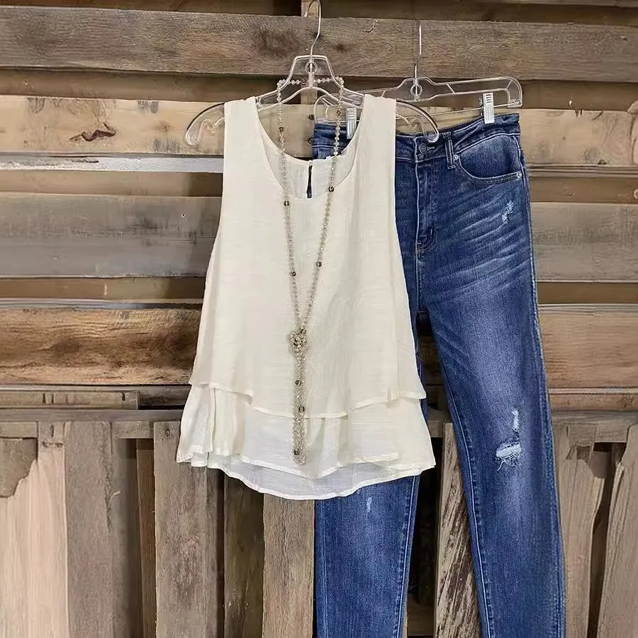 Lässige doppellagige Baumwoll-Leinen-Svel-Weste für Damen, gefälschtes zweiteiliges T-Shirt, bequem, atmungsaktiv, für die Frühlingsaison