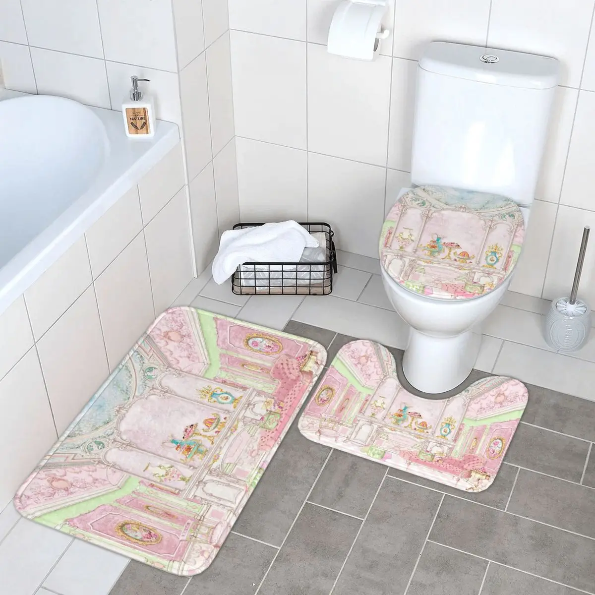 

Французский патисель Мария-Антуанетта Розовый кондитерский диорама Коврик для ванной из 3 предметов Набор для ванной комнаты Крышка унитаза Ковер Напольный коврик