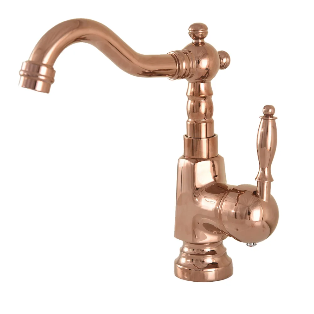 Rose Gold Color Brass Single Handle Faucet, Banheiro e Pia de Cozinha, Deck-montado Mixer Tap, Um Buraco, Bico Giratório, mnf708