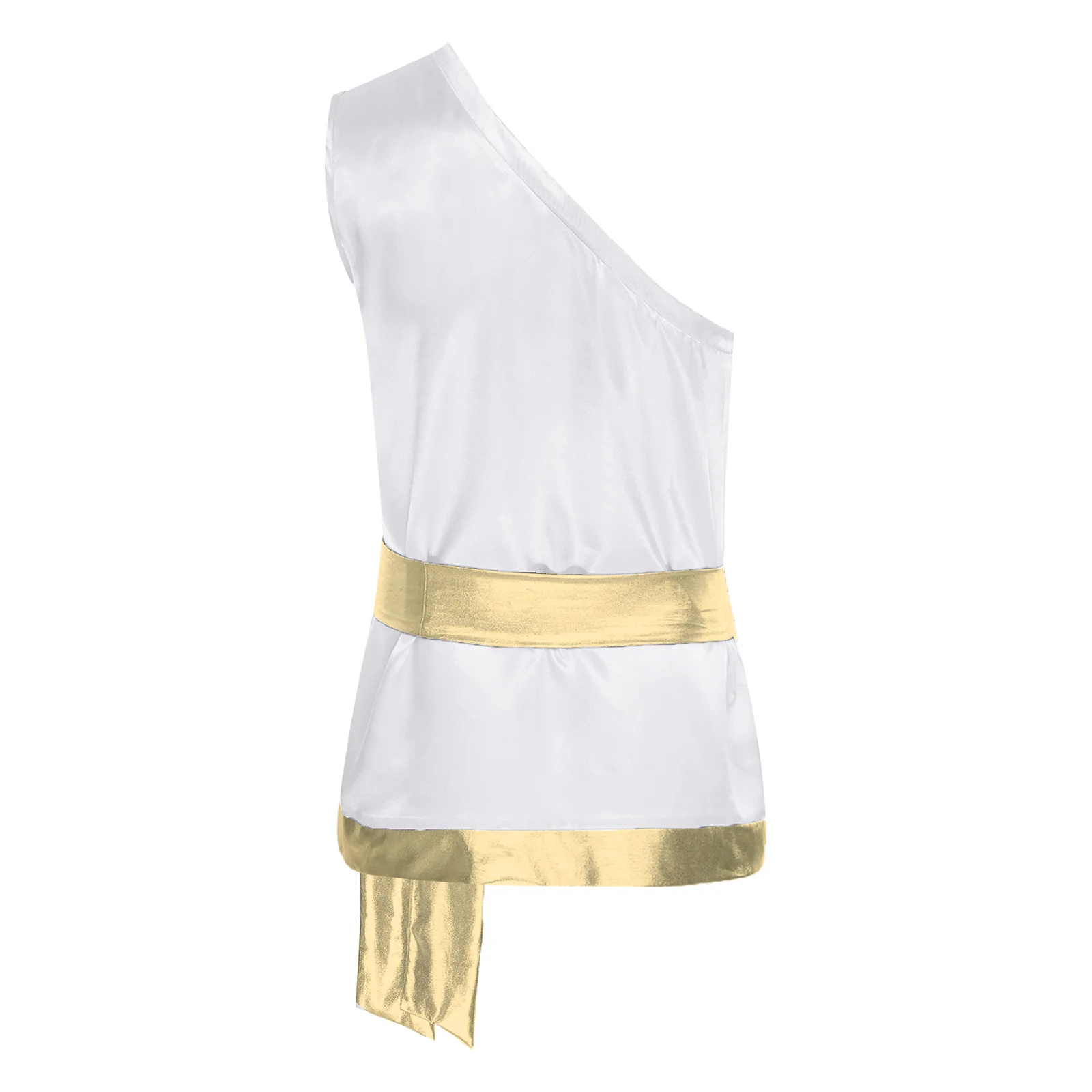 

Men Caveman Cosplay Costume Liturgical Praise Dance Worship Tank Tops with Lacing Waist Belt One Shoulder Metallic Satin Shirt