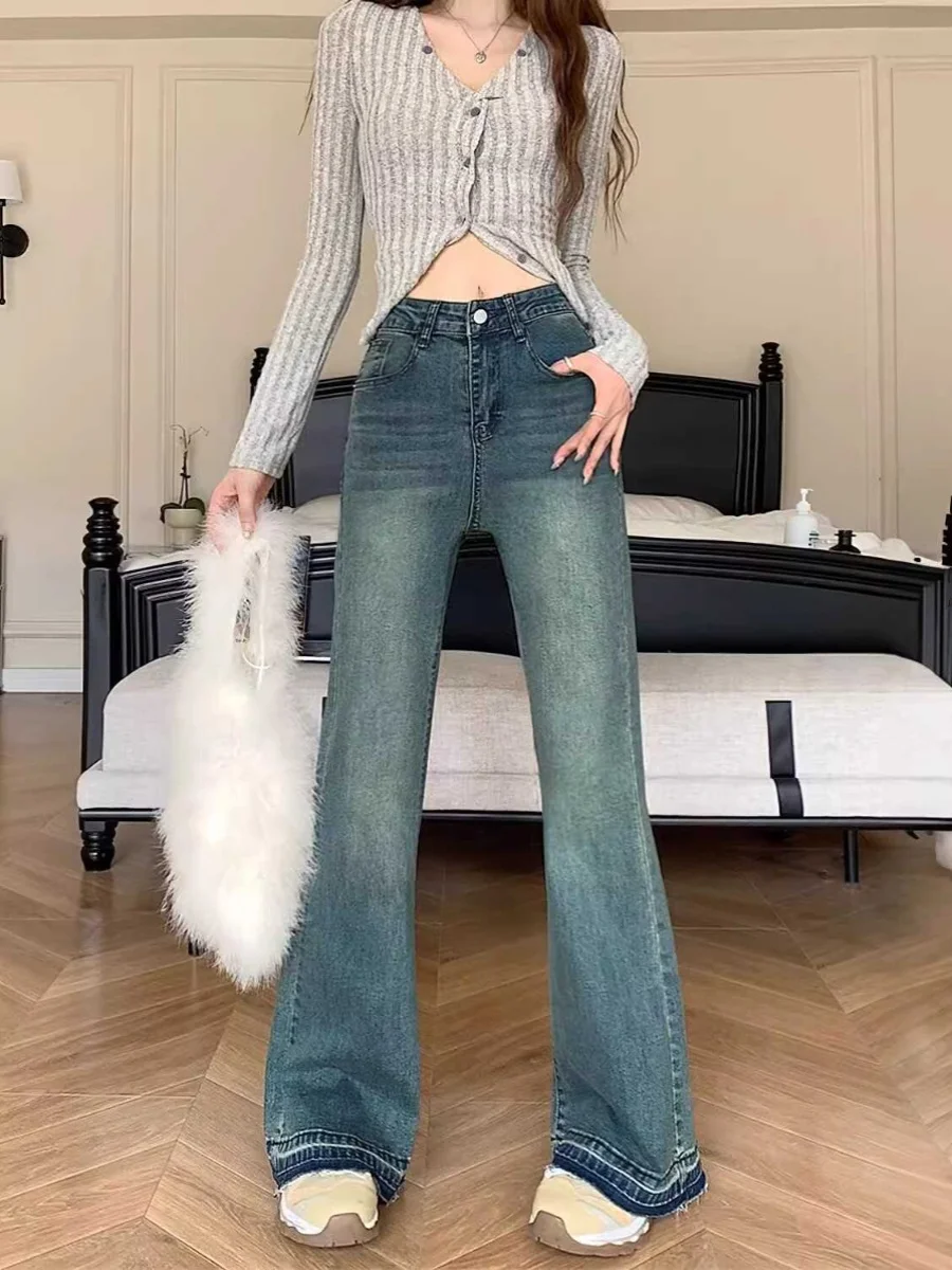 

High Waist Bell Bottom Jeans Retro Crop Flared Ankle Length Frayed Hem Denim Pants Slimming Trendy for Young Women Blue