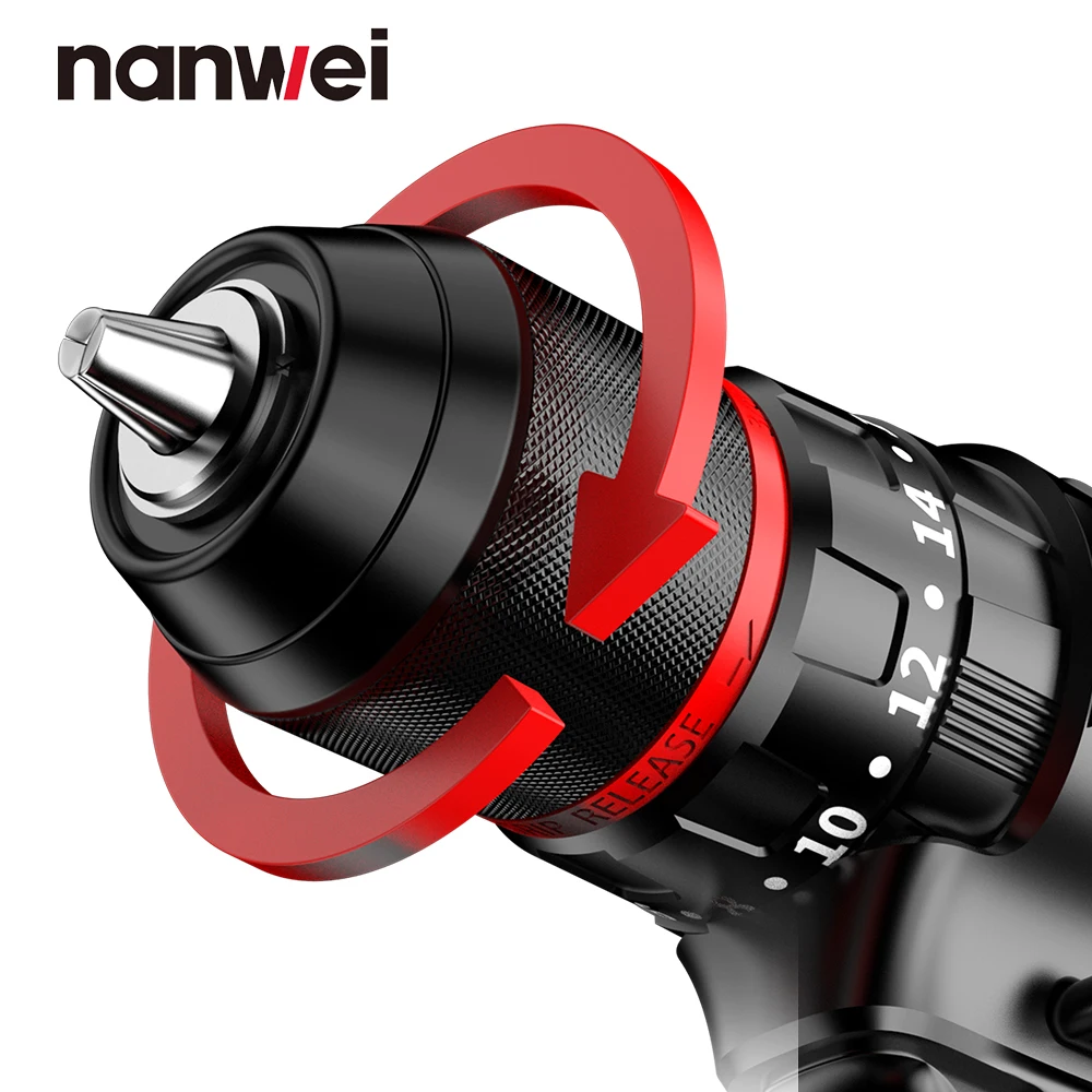 NANWEI Brushless lithium 21V cordless drill Cordless tool Two-speed adjustment Impact adjustment Can be used for drilling Screwi