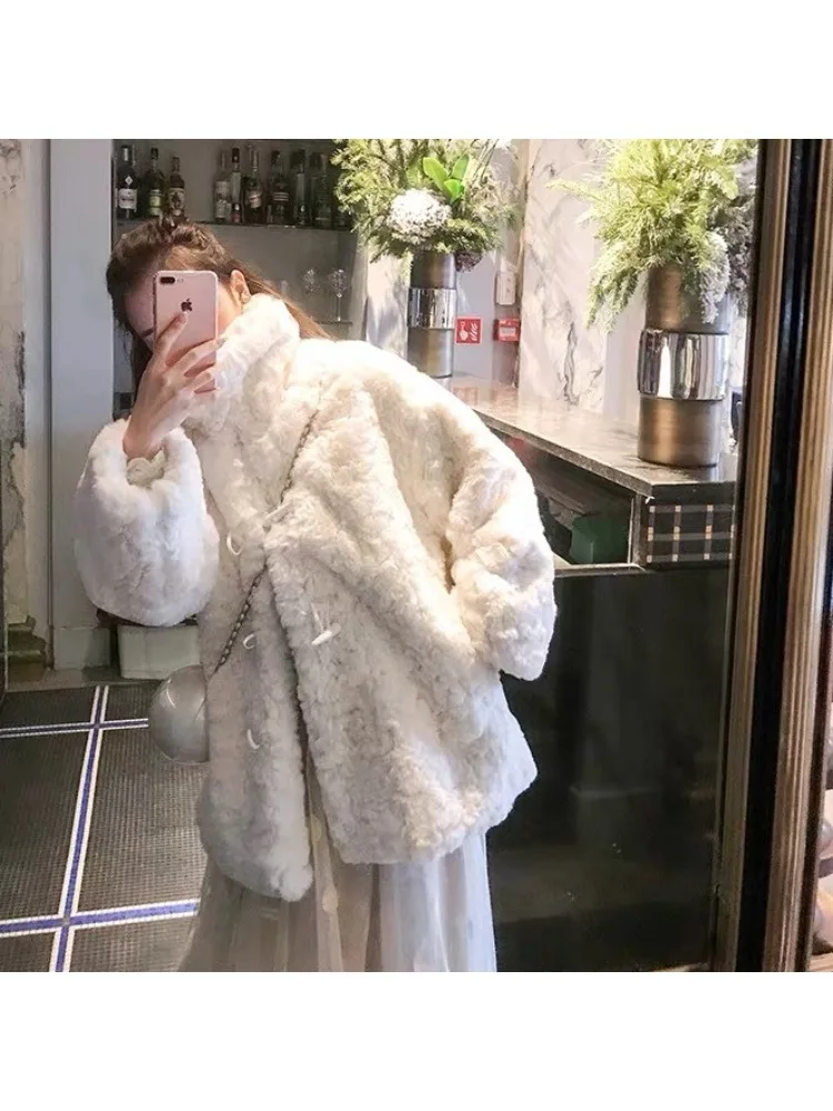winter fur coat women's mid-length stand-up collar imitation rex rabbit fur thickened loose over-the-knee plush coat