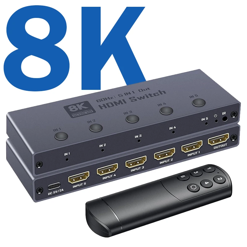 

HDMI-переключатель 8K 2.1, 5 входов 1 выход, 8K@60Гц, 4K@240Гц, с пультом ДУ, HDCP2.3, HDR, VRR для ноутбуков, ПК, PS5, мониторов, Xbox, телевизоров
