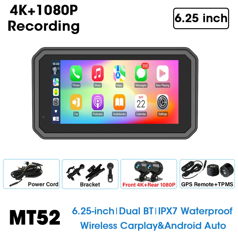 6.25 inch Motorcycle Carplay Scherm 4K DVR GPS Navigatie IPX7 Waterdichte Moto Monitor Dual Lens Video Recorder Ondersteuning TPMS