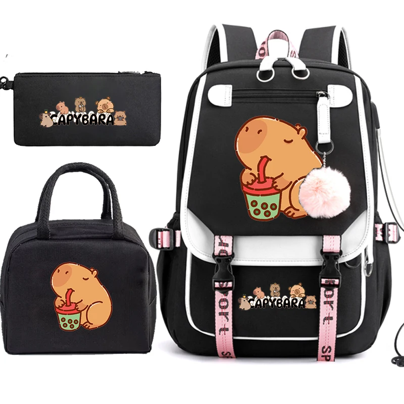 

Students Cartoon Back To School Backpack 3pcs Set Capybaras Anime Kawaii Schoolbag Pencil Bag Boys Girls Insulated Lunch Bags