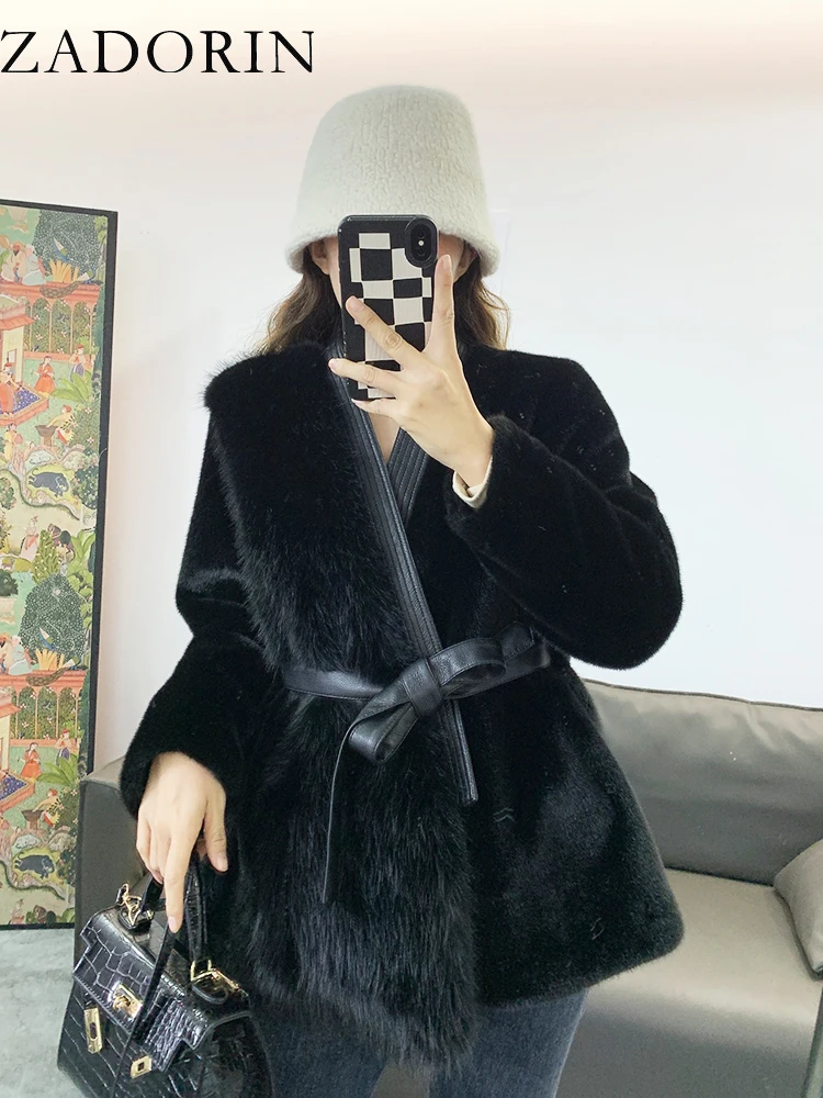 ZADORIN Luxury Designer Clothing Women Winter Faux Mink Fur Coat With Belt Elegant Furry Faux Fur Jacket For Women Fur Cardigan