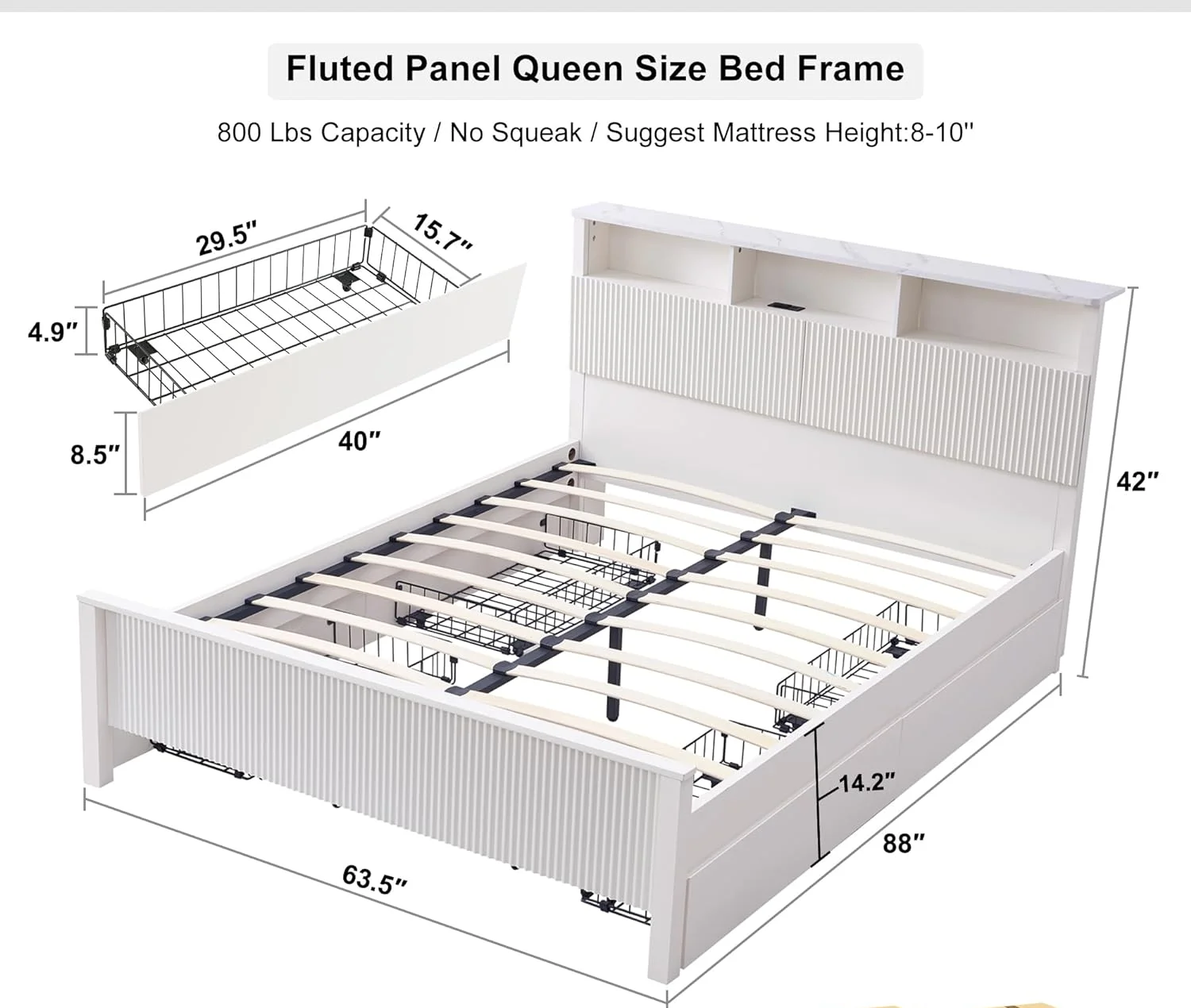 Fluted Panel Queen/King Bed Frame with Bookcase Headboard & Charging Station, Modern Wood Platform Bed with 4 Drawers