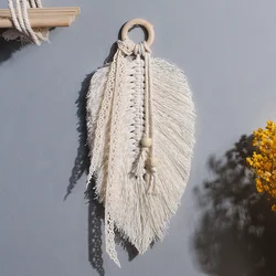 Tapiz de hojas de plumas tejido a mano de macramé bohemio, borla, cuerda de algodón, colgante, marcapáginas, cortina, guirnalda, pancarta, decoración del hogar