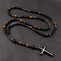 6MM Natural Stone Lapis lazuli Tiger Eye Black Hematite Cross Pendant for Men Prayer Beads Rosary Necklace