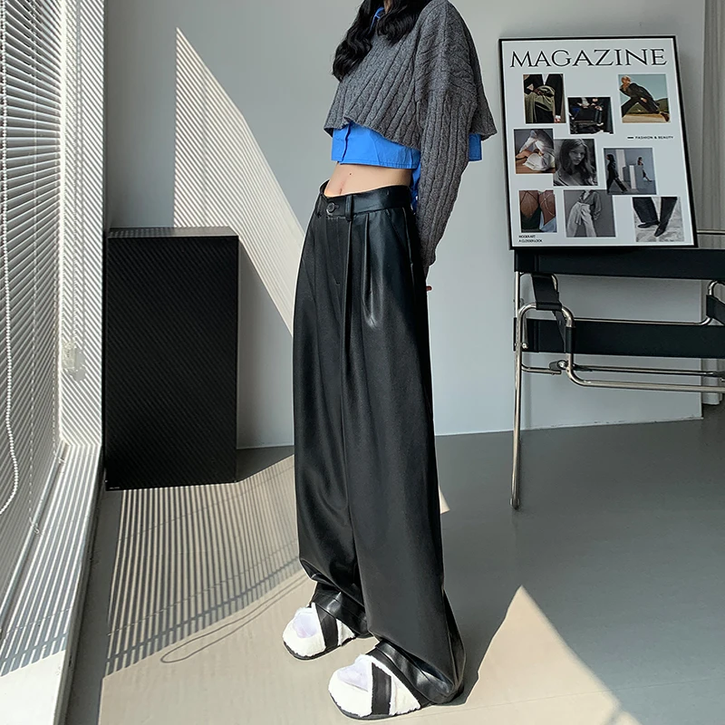 

Повседневные брюки для похудения с прямыми штанинами из мягкой искусственной кожи, свободные и широкие брюки для женщин осенью и зимой.