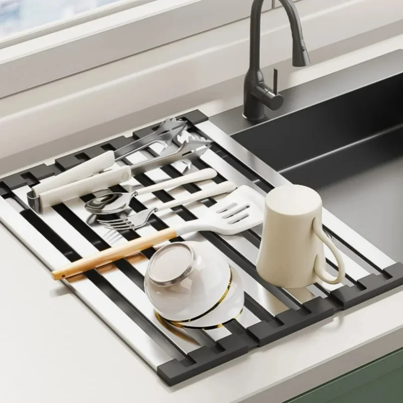 

304 Stainless Steel Kitchen Sink Drain Rack Sink Bowl and Dish Storage Rack Foldable and Retractable Drain Basket Placema