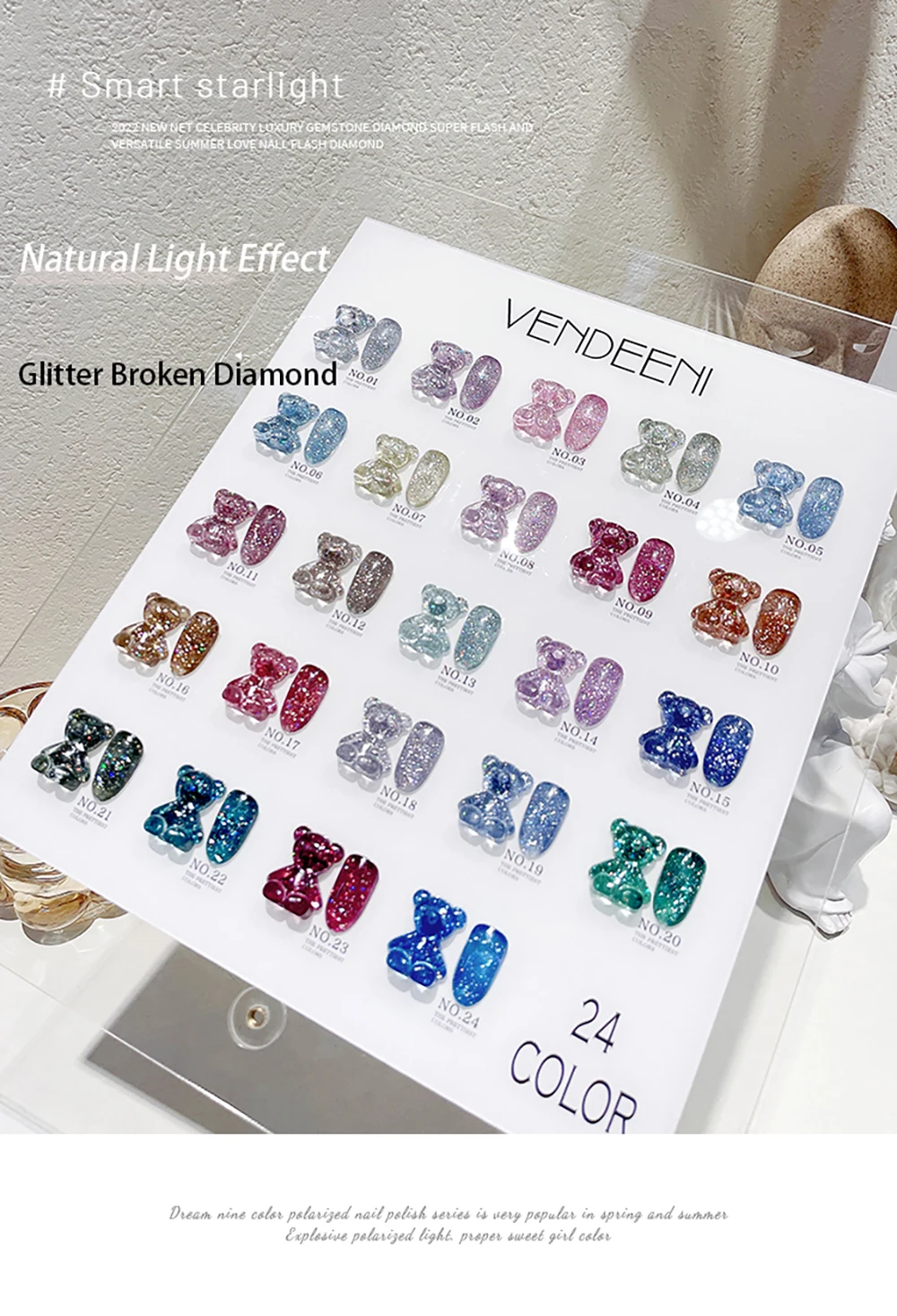 Vendeeni TPO HEMA FREE 24 Farben/Set Glitzer-Broken-Diamond-Gel-Nagellack Semi-Permanenter UV-Soak-Off-Gel-Lack mit Display – Detail 9