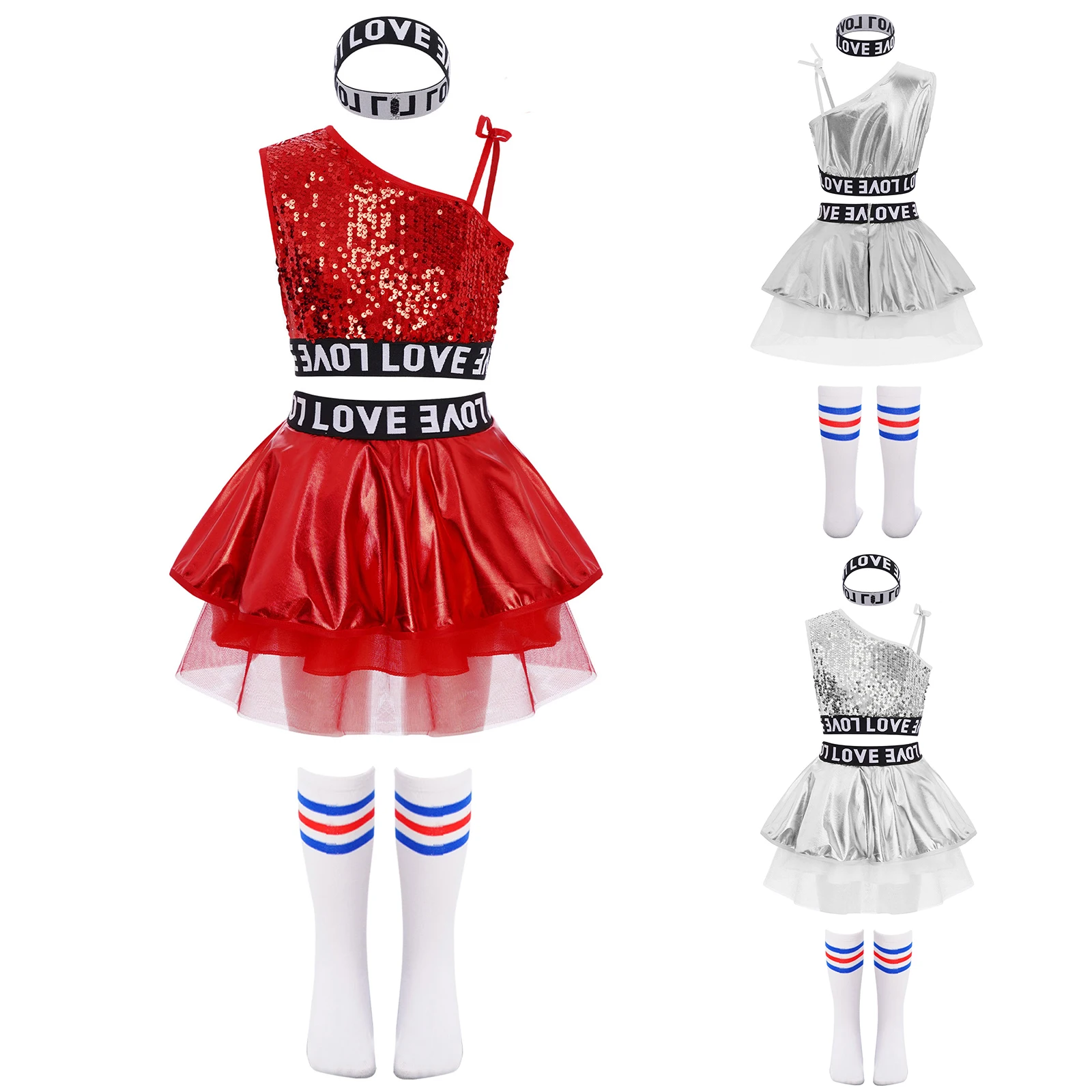 2 Stuks Meisjes Hiphop Jazz Street Dance Outfit Een Schouder Mouwloos Vest + Rok + Haarband + Gestreepte sokken Pailletten Danser Kostuum