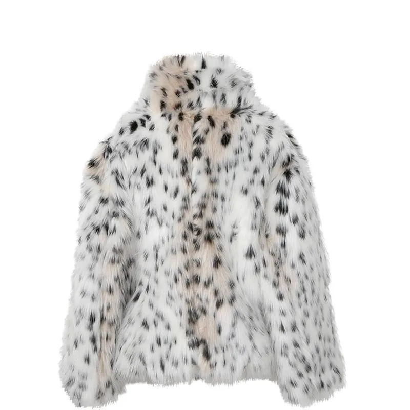 Chaqueta de felpa de punto abierto para mujer, abrigo corto grueso de piel de zorro sintética, con puntos blancos y negros, de leopardo, para invierno, S-2XL