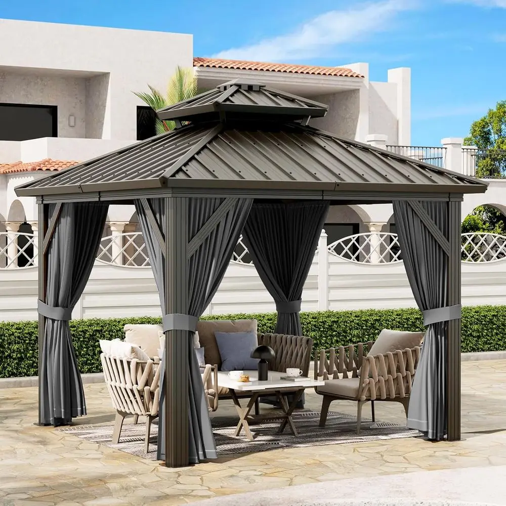 

10'x10' Hardtop Gazebo, Heavy Duty Permanent Hardtop Gazebo Outdoor Pavilion with Curtains and Netting or Garden