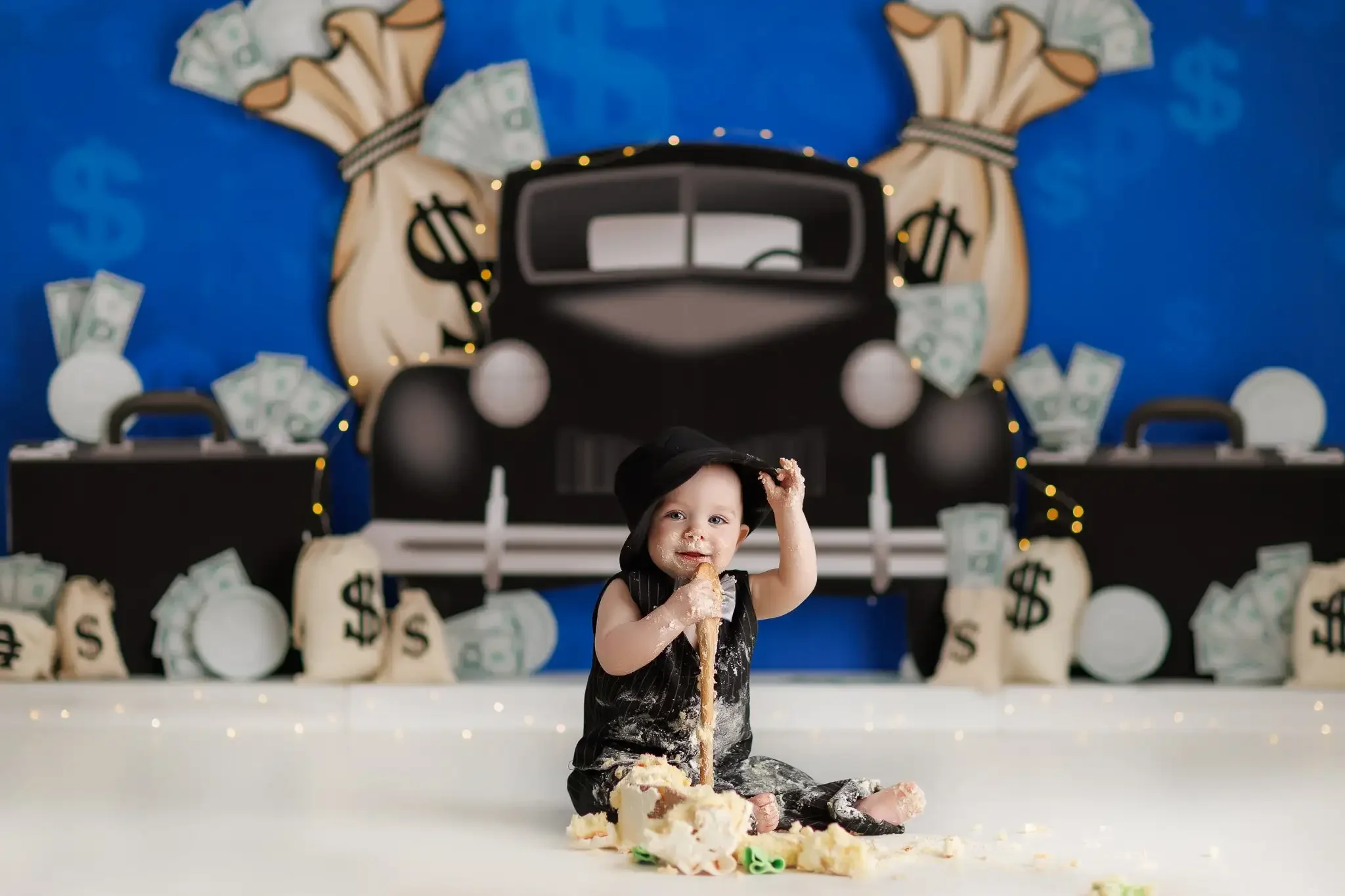 العصابات بوس الأسود سيارة والعملات المعدنية خلفية أطفال بنين 1st حفلة عيد ميلاد الديكورات الطفل كعكة سحق التصوير الخلفيات