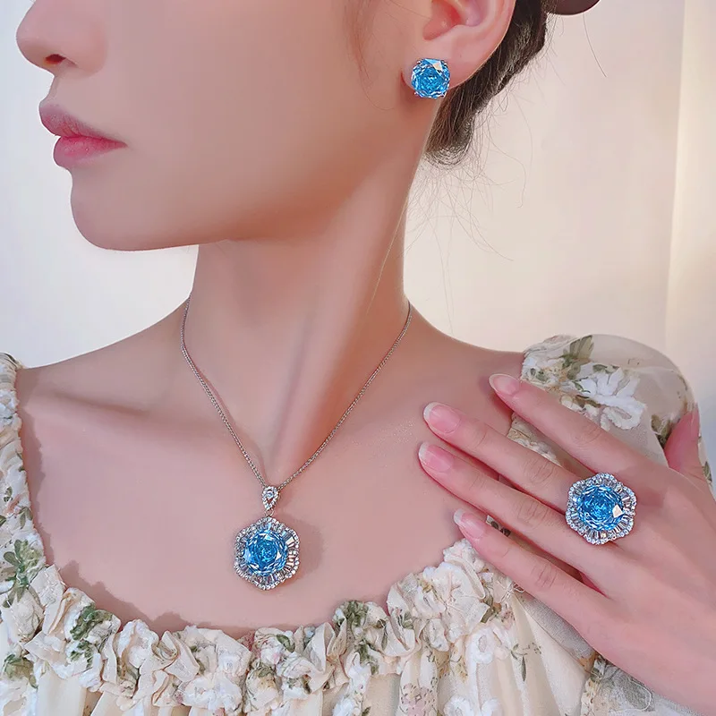 

New Dazzling Glamour Flower Jewelry Necklace Earring Ring Everyday Luxury Set Women's Wedding Holiday Party Accessories Gift