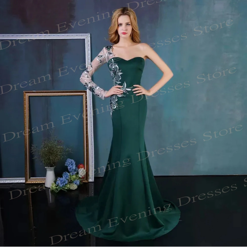 Prachtige Moderne Groene Dames Zeemeermin Sexy Avondjurken Een Schouder Appliqueert Promjurken Formele Vestidos De Noite