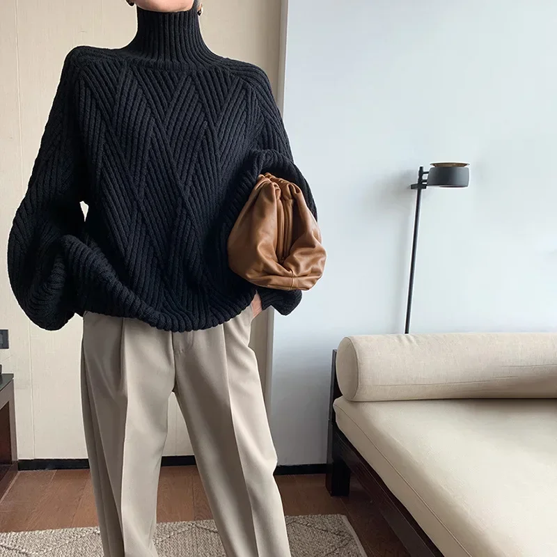 Sweaters Pullovers Women Autumn Turtleneck Full Sleeve Casual Loose Y2k Tops Maxi Jumpers Knitted Spliced Thick Warm Winter