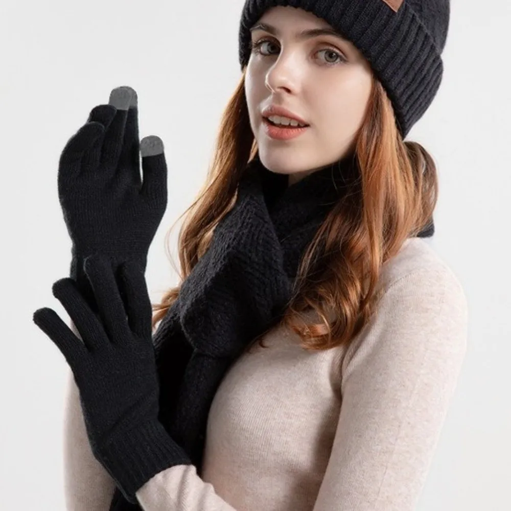 3Pcs/Set Warm Winter Hat Scarf Gloves Set Lining Thicken Knit Beanie Snood Set Soft Windproof Scarf Neck Warmer Suit