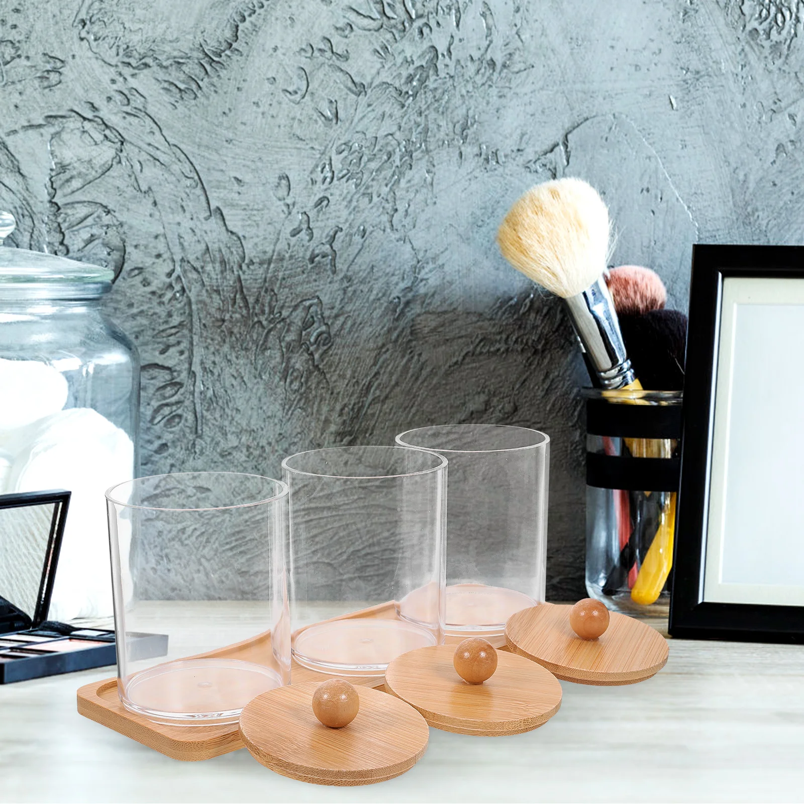 

1 комплект многоразовых коробок для хранения косметики, прозрачные бамбуковые банки с крышкой, ватный тампон, держатели для шариков, контейнеры для хранения косметического органайзера