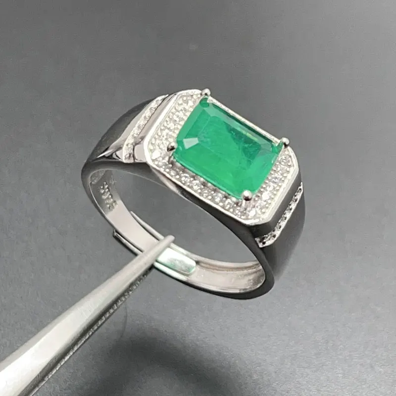 Emerald Color Gemstone Ring for Men 7mm*9mm Lab Created Green Crystal Silver Ring 925 Silver Gemstone Jewelry with Gold Plated