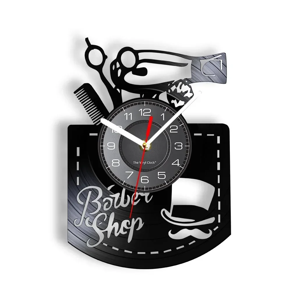 صالون حلاقة الديكور مسجل فينيل ساعة حائط أدوات تصفيف الشعر الإبداعية الفن ساعة الحائط صالون حلاقة تصفيف الشعر هدية ساعة حائط