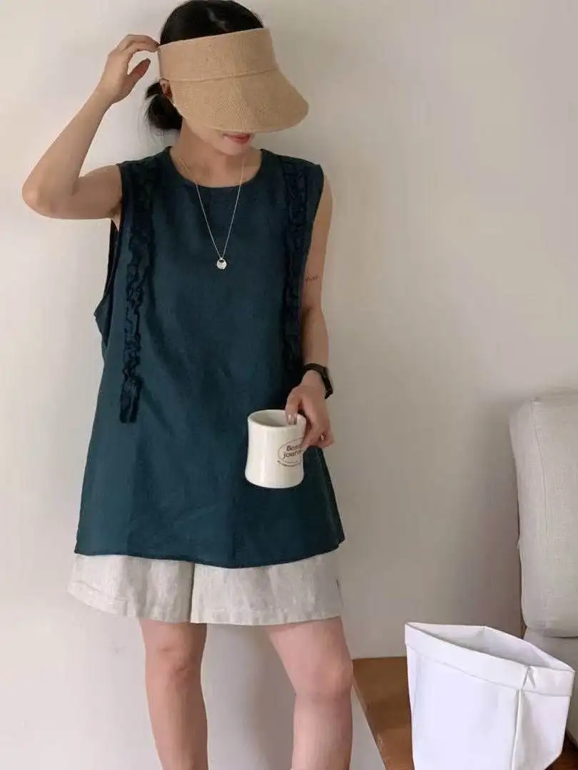 

Korean Design Simple Wooden round Ne Svel Vest Hemp Material Mid-Length irt Women's Loose Fit Summer Top