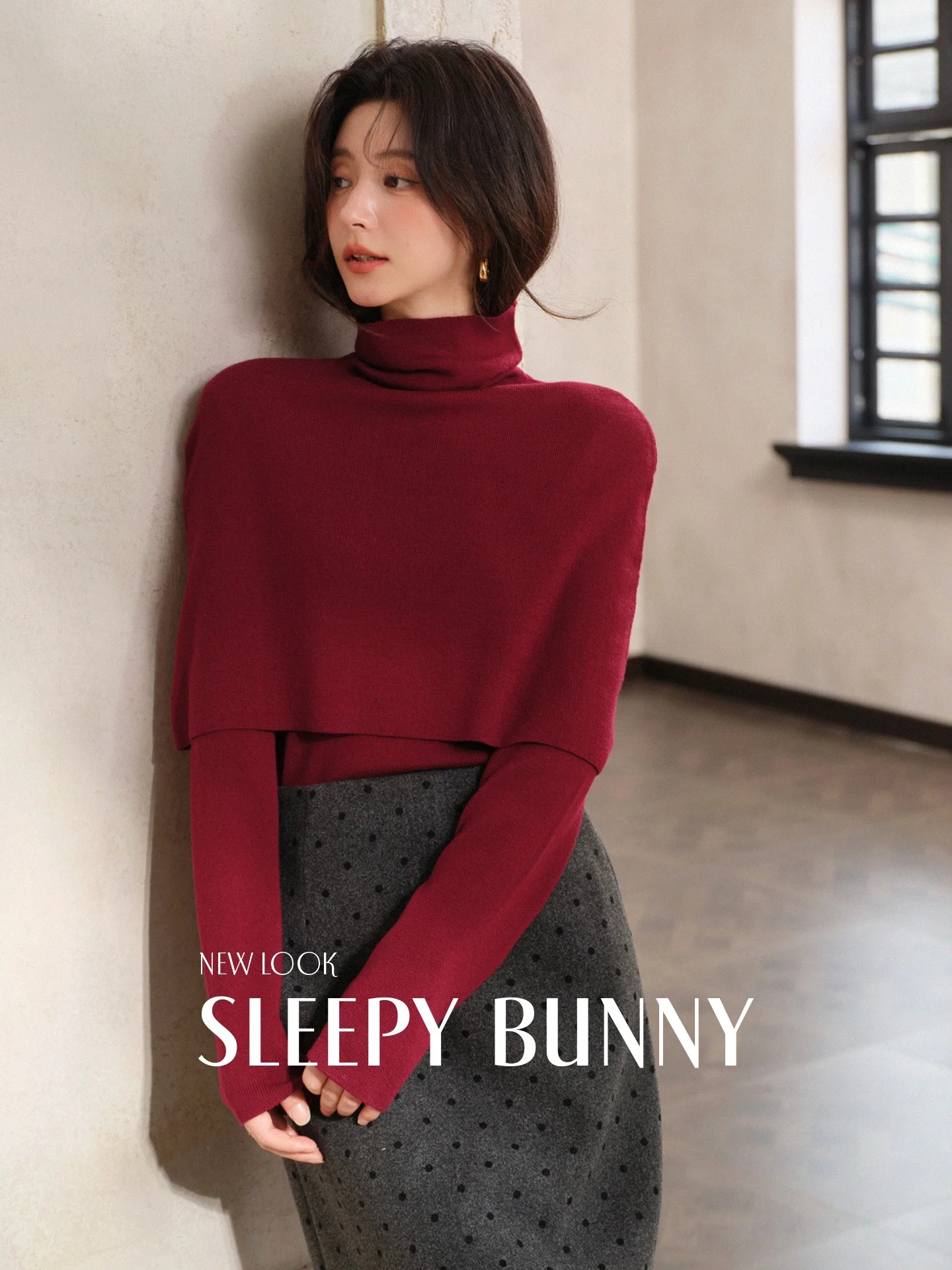 

bunny High Ne Knitted Sweater And Polka Dot Print Skirt 2 Piece Set for Women Spring Season Ele Outfit