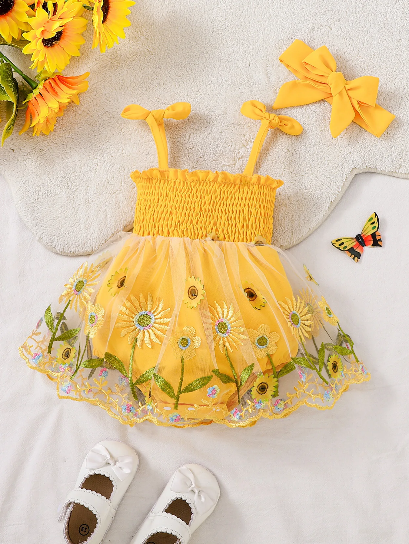 Baby Girl Sunflower Embroidered Tutu Dress Set, Yellow Bow Headband, Summer Sweet Princess Dress view 2