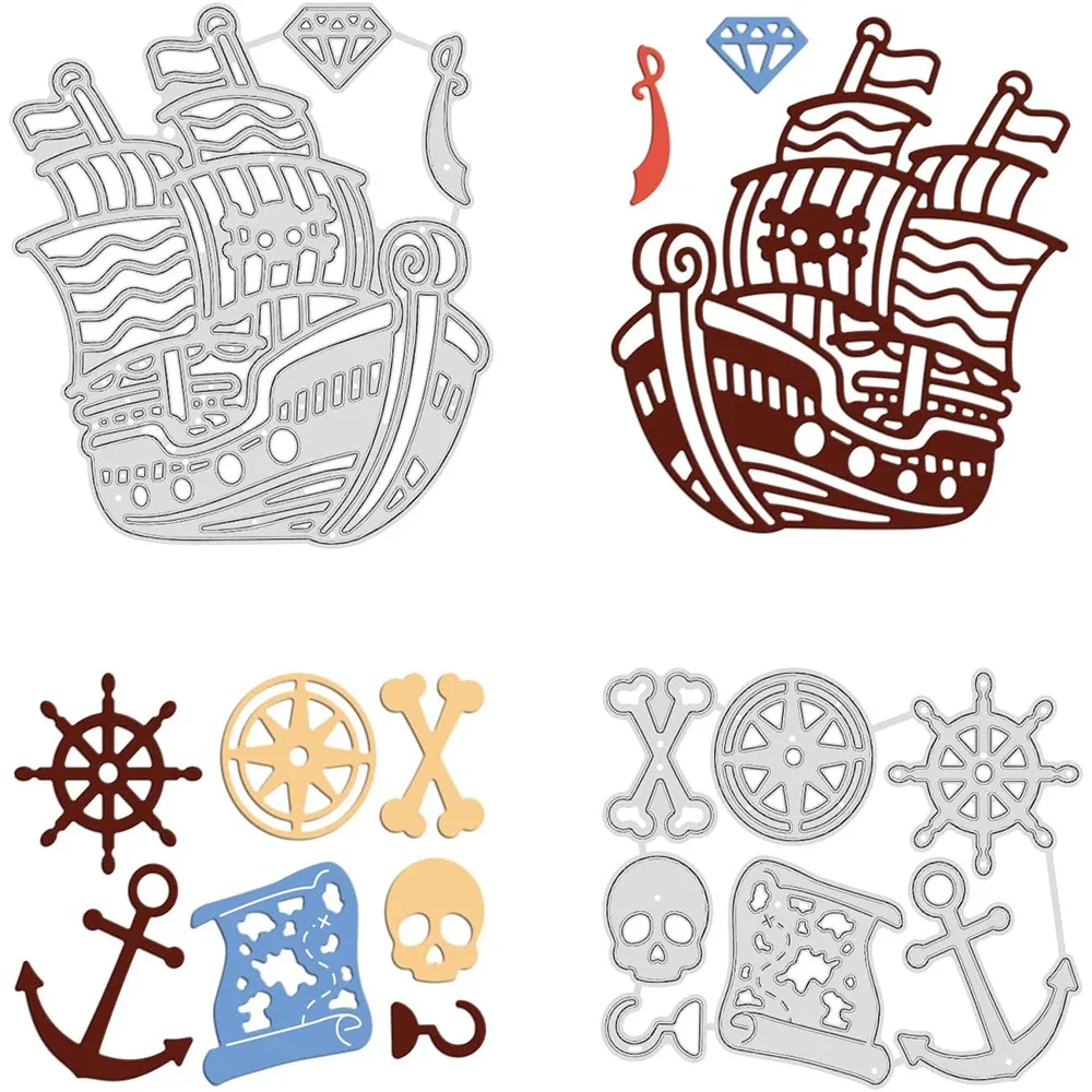 2Pcs Pirate Ship Metal Cutting Dies Skull Rudder Anchor Die Cuts for DIY Scrapbook Holiday Card Making Album Envelope Decoration