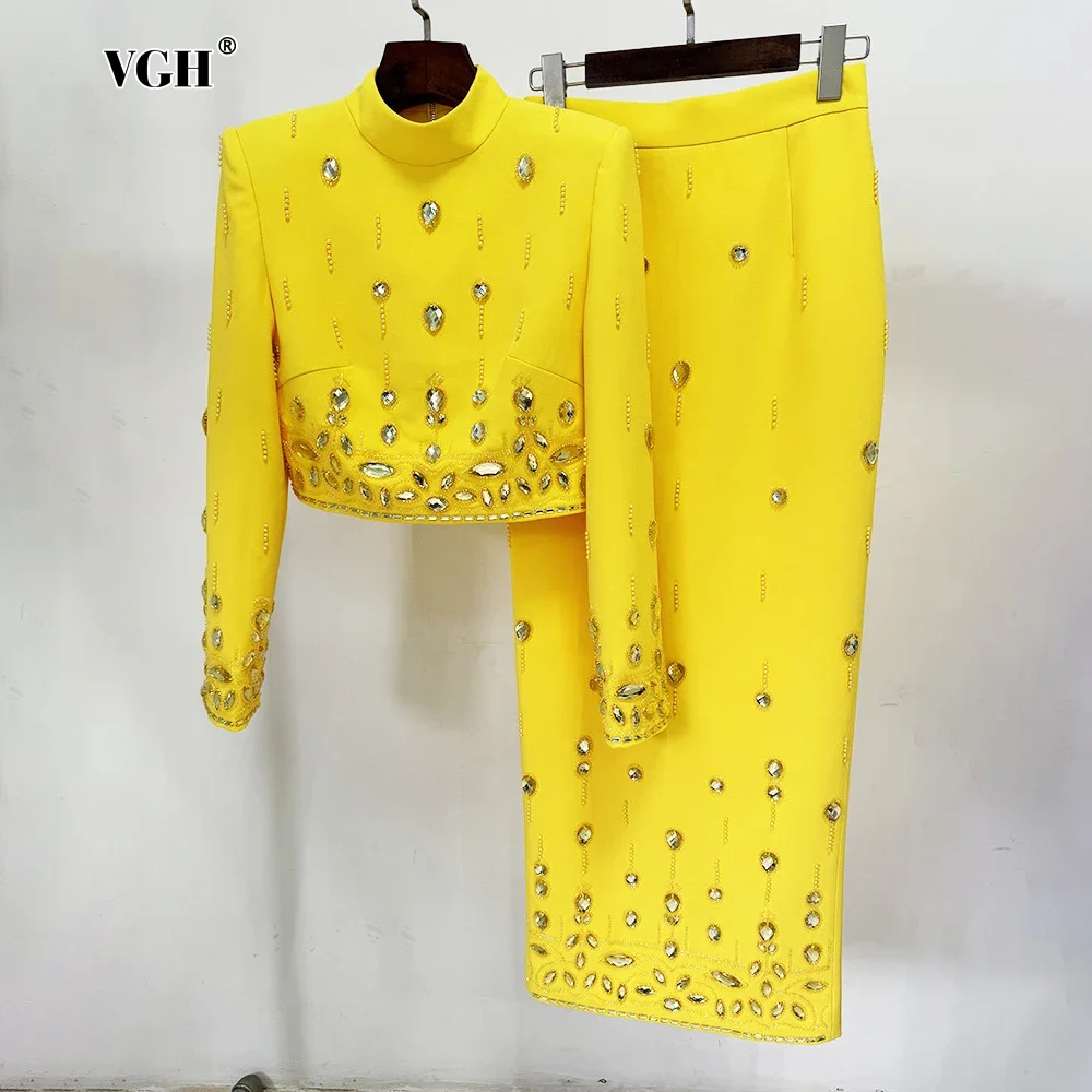 

VGH 2 Piece Sets for Women Stand Collar Long Sleeve Spliced Diamonds Top High Wiast Patchwork Zipper Skirt Elegant Outfit Female