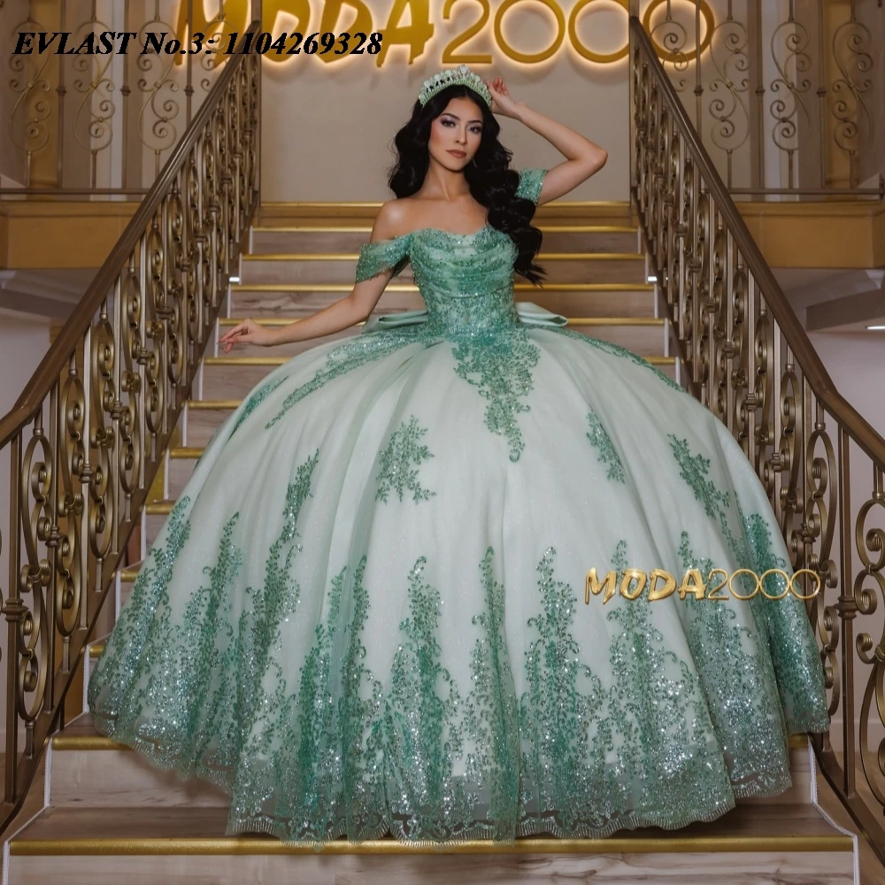 

EVLAST Customized 2025 Fairy Green Quinceanera Dress Ball Gown Sequins Applique Beading Bow Sweet 16 Vestidos De 15 Anos E3Q641