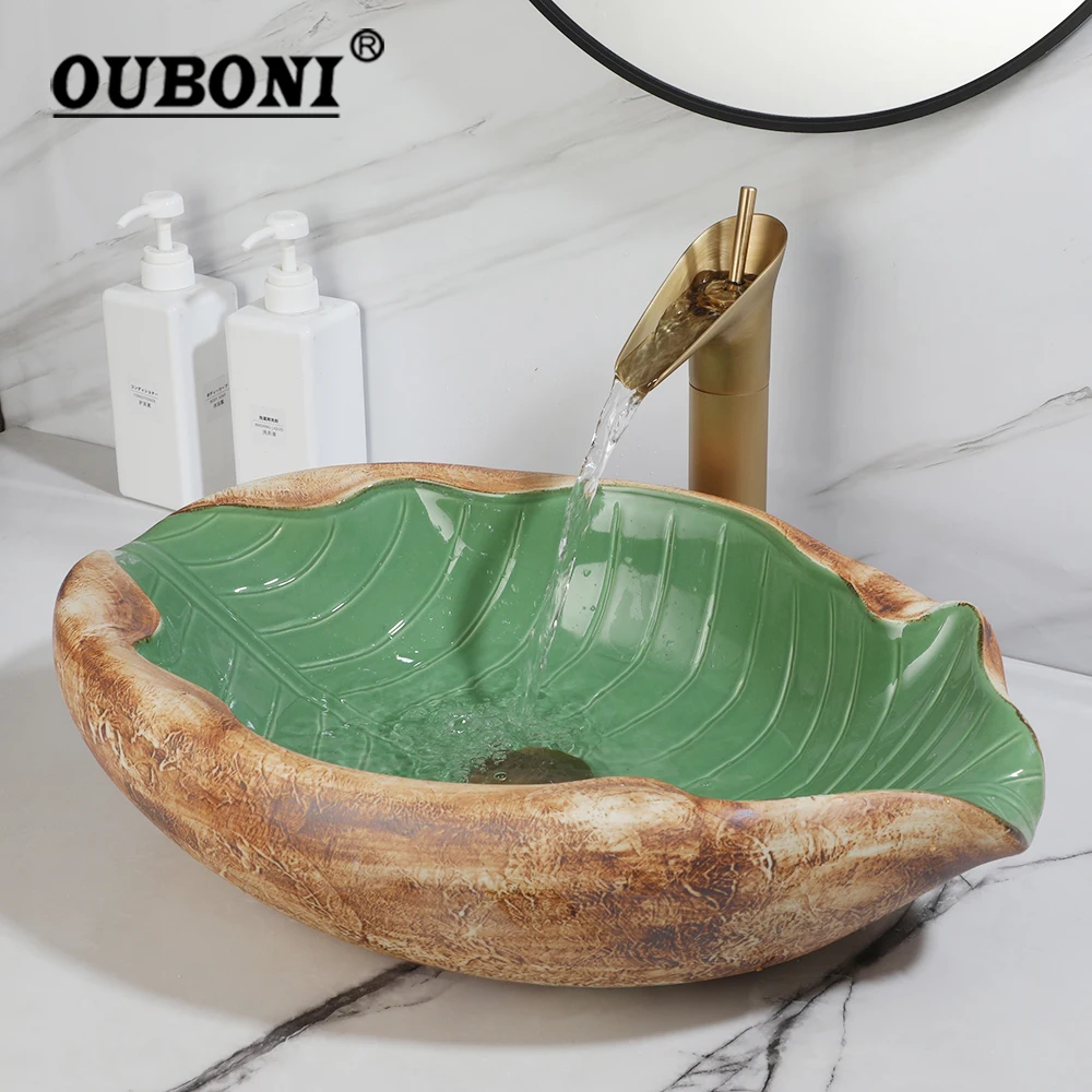 

OUBONI Art Leaf Style Ceramic Bathroom Sink Faucet Set Basin Waterfall Antique Brass Tap Pop Up Drain Combo Porcelain Sinks