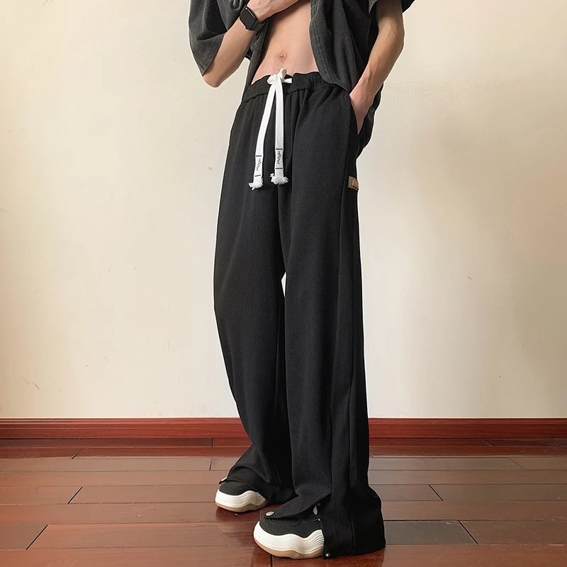 

Summer Drape Pants Mens Elastic Waist Flared pants Fashion New Solid Spring Korean Straight Loose Wide Leg Mopping Trousers Men