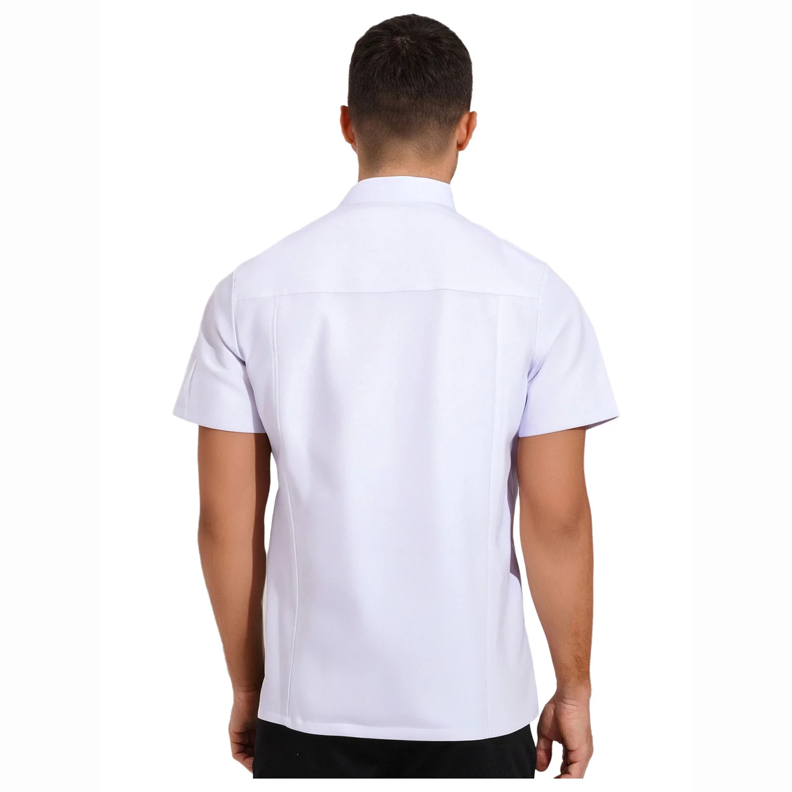 Unisex Men Women Chef Coat Kitchen Work Uniform Stand Collar Short Sleeve Press Button Shirts for Restaurant Hotel Cafe Bakery