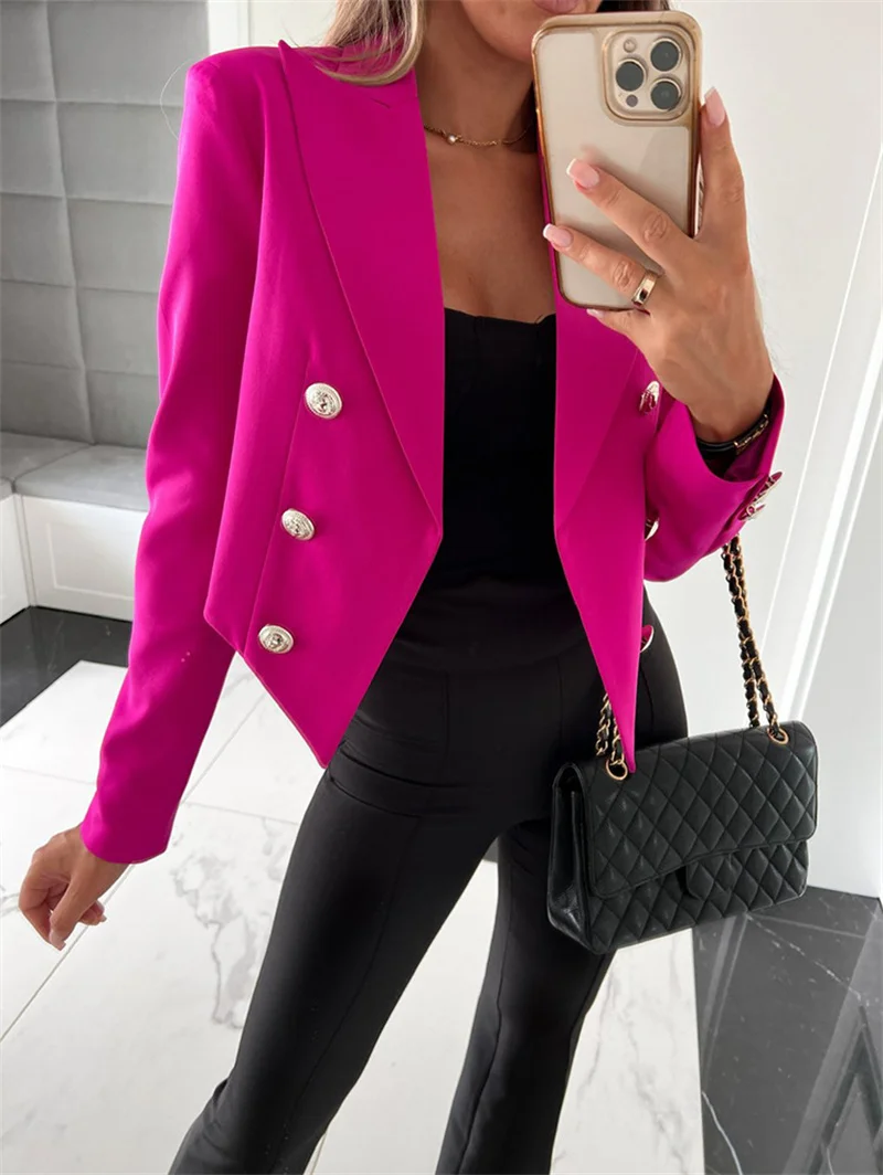 Solid Turn-Down Collar Blazers Women Fashion Slim Blazer Coat Office Lady Button Long Sleeved Casual Streetwear Autumn Winter