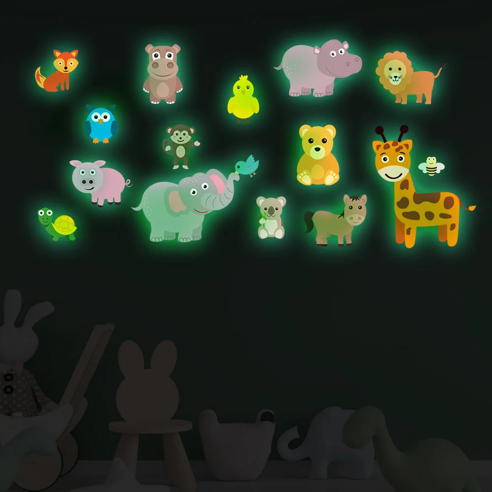 

Luminous Cartoon Cute Animals Wall Sticker Kids Room Background Decoration Glow In The Dark Decals Baby Bedroom Decor Wallpaper