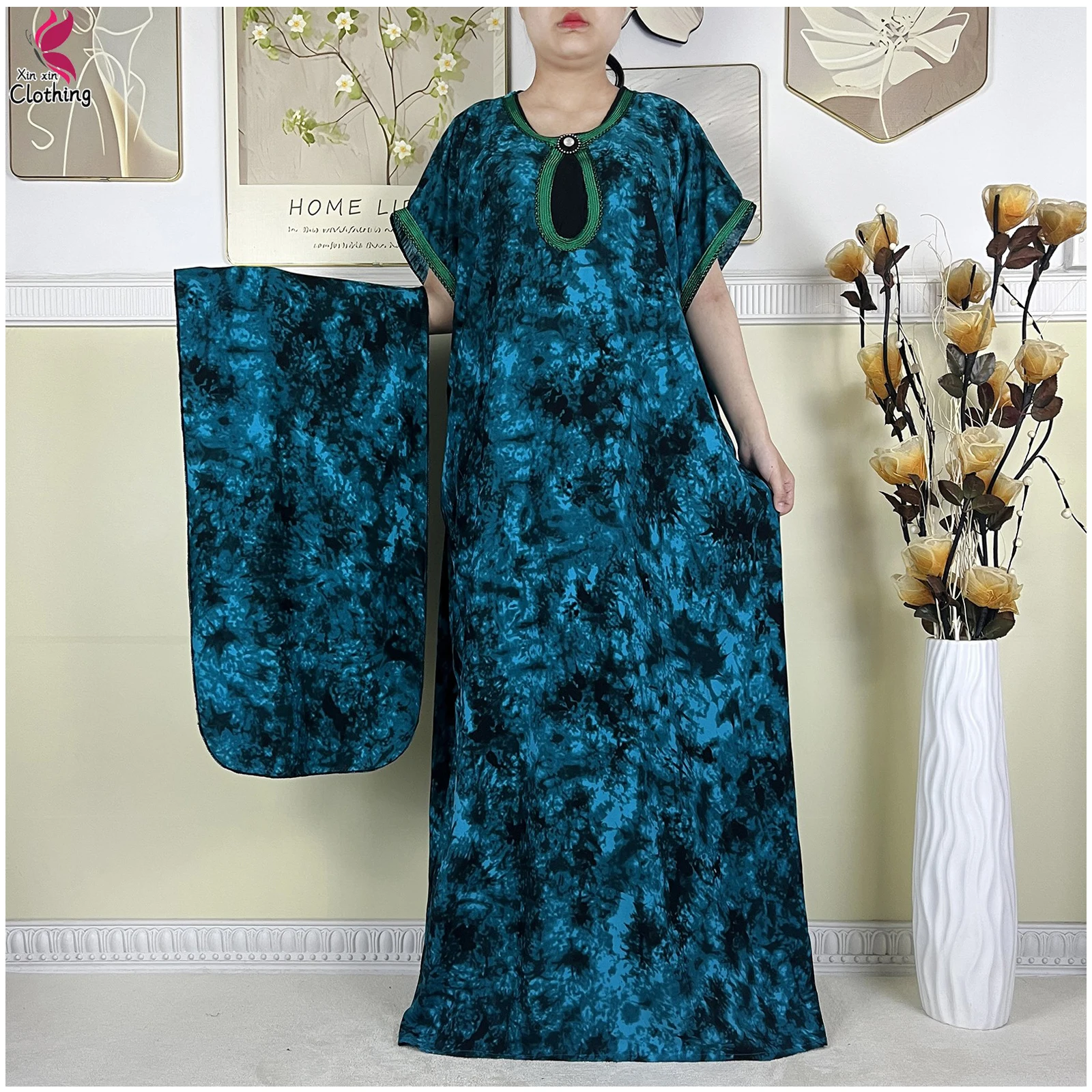 New Muslim Abayas Fashion Women Cotton Dress Summer Short Sleeve Tie-dyed Printed African Loose Kaftan Femme Abaya With Scarf