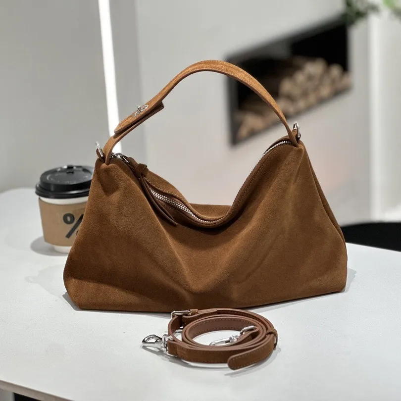 Suede leather hand dumpling bag 2025 niche design natural textured cowhide crossbody bag high quality vintage women's handbag