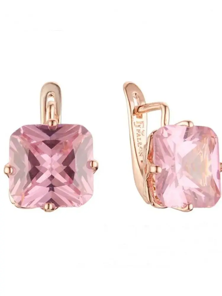 FJ الفاخرة الزفاف أقراط نسائية لون الذهب الوردي 585 مجوهرات موضة كبيرة مربع الوردي/الأبيض/الأخضر/الأحمر/الأزرق الزركون انخفاض القرط