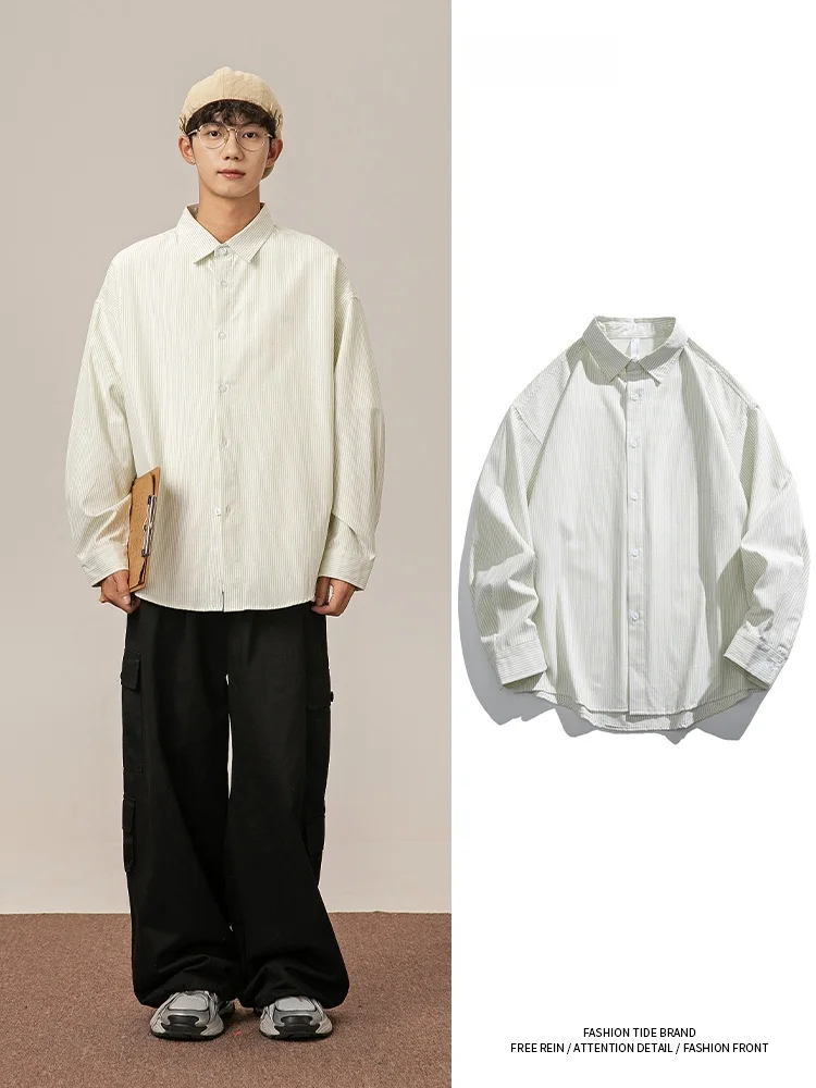 

MMOPTOP Men's Striped Long Sve irt Spring Trendy New Couple Outerwear Student Top Loose Fit Youthful Polyester Cotton Blend