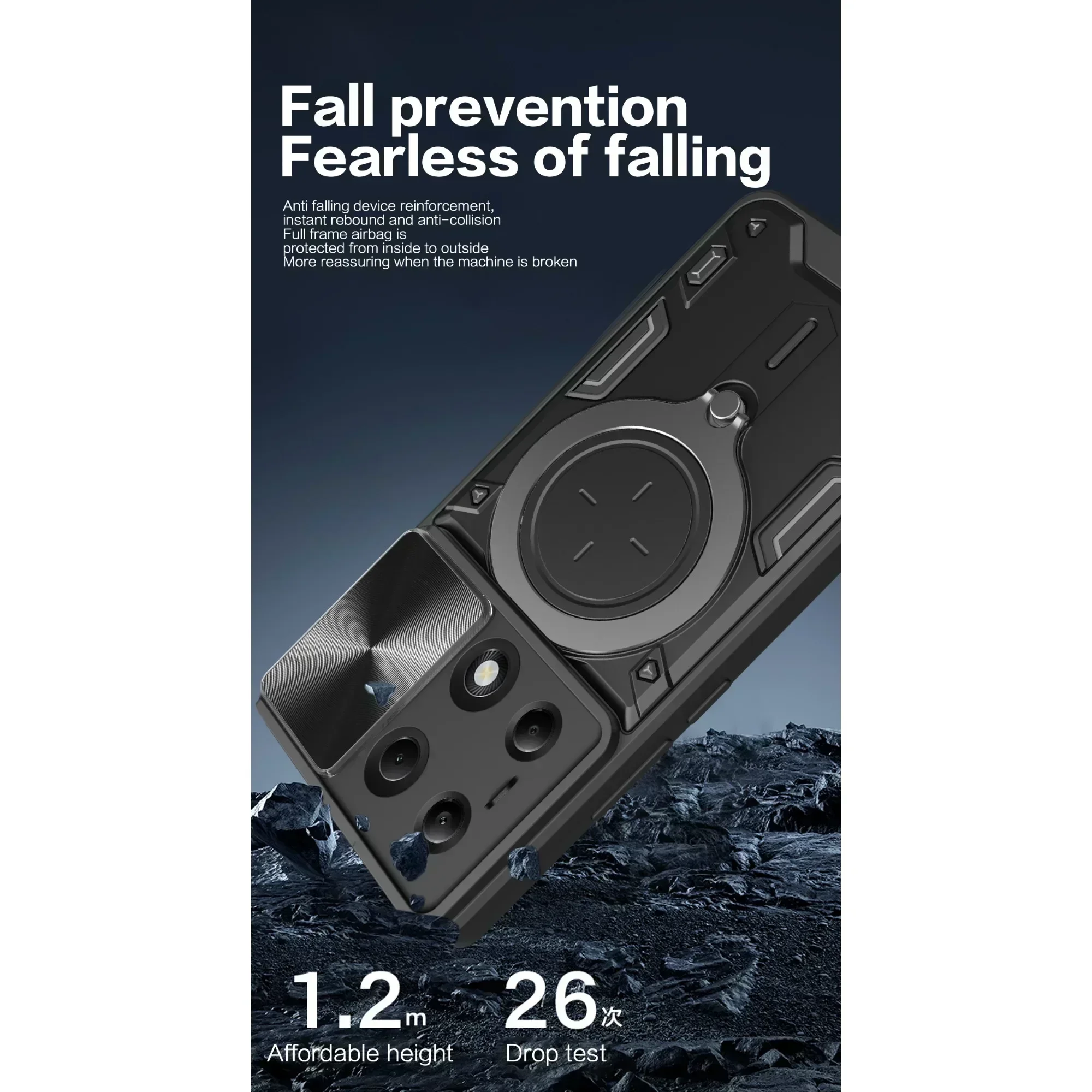 Redmi Note 13 Pro Plus 5G 4G 13C POCO X6 Pro 5G M6 Pro4G 용 충격 방지 마그네틱 케이스, 슬라이드 카메라 렌즈 링 스탠드 보호 커버