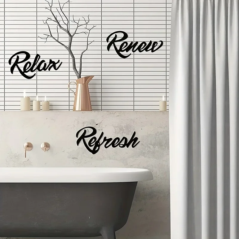 

HELLOYOUNG 3pcs Farmhouse Bathroom Metal Wall Signs Letter Sign Relax Renew Refresh Metal Sign Black Metal Bathroom Decor Home D