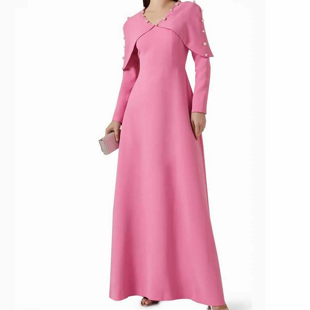

Classic 2025 Evening Gowns for Women Jersey A-line Valentine's Day Dress Pink V-neck Pearls Classy Party Dress Long