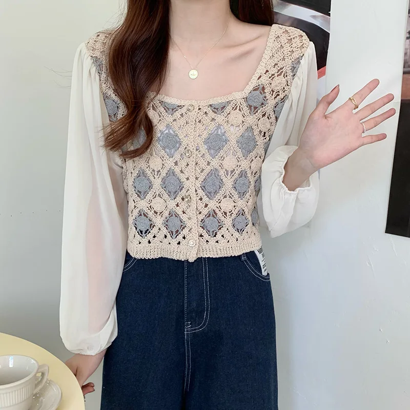 Korean Summer Chiffon Shirt Women Blouse Square Neck Loose Top Hollow Out Spliced Sunscreen Shirt